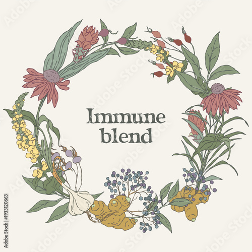 Hand drawn round wreath made of immune tea