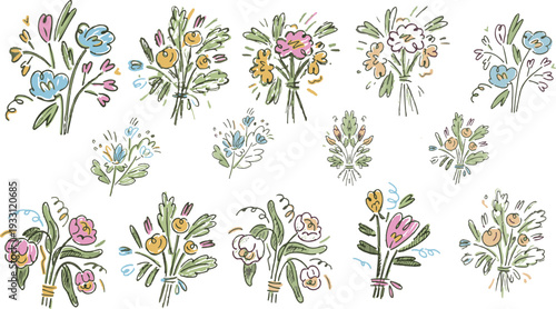 Hand-Drawn Pastel Floral Bouquets Seamless Border Illustration for Spring and Wedding Designs, Perfect for spring, wedding stationery, banners, and craft projects. Soft colors