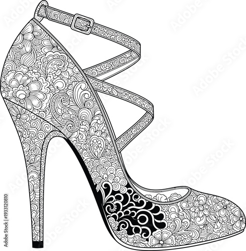 High Heeled Shoe with Straps and Floral Patterns