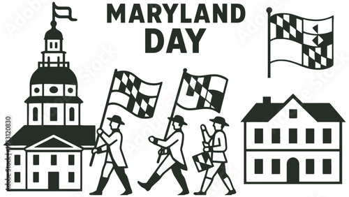 Maryland Day illustration with colonial soldiers and state flags waving