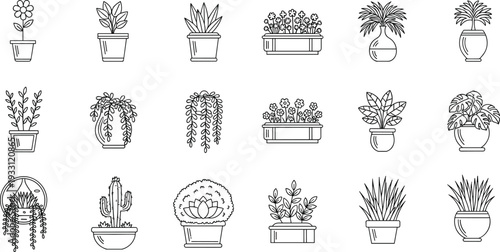 Line art indoor potted plants collection with houseplants and botanical outline icons set