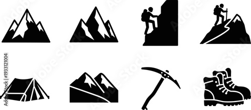 Collection of black icons representing mountain climbing and camping activities