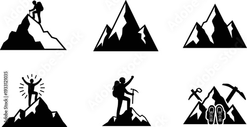 Collection of stylized mountain climbing and achievement icons on a white background