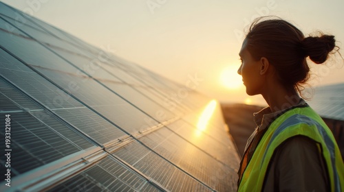 Wallpaper Mural A woman wearing safety gear stands deep in thought at a solar energy facility, reflecting on sustainability efforts Torontodigital.ca