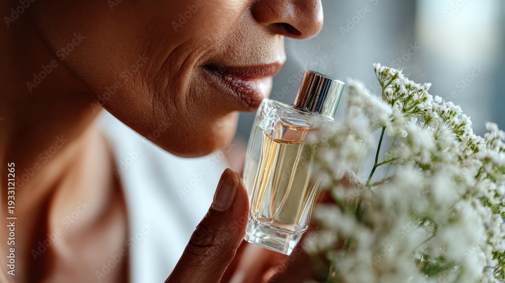 Fototapeta premium A woman blissfully applies a soothing facial mist, fully embracing the beauty of skincare in a calming atmosphere