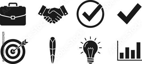 Collection of business and success icons including briefcase, handshake, checkmarks, target, lightbulb, and graph