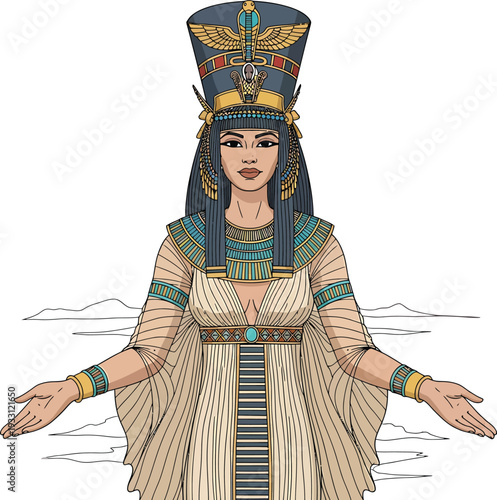Egyptian Queen Cleopatra Wearing Traditional Headdress Standing in Water