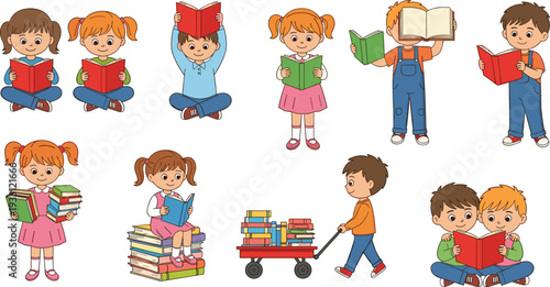 Cute Children Reading Books Vector Set Featuring Diverse Kids Sitting, Standing, and Carrying Stacks of Books for Literacy and Education Concept