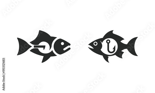 Two stylized black fish silhouettes are shown each incorporating a white fishhook within its form high quality professional