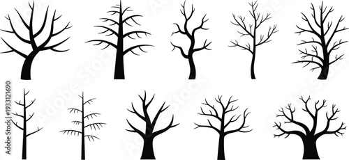 Black bare tree silhouettes and winter dead branch vector set for nature, forest and spooky design