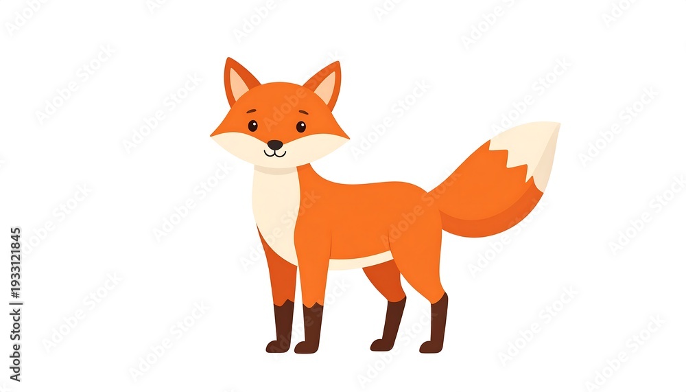 Fototapeta premium A cartoon fox with bright orange fur, a fluffy white-tipped tail, and a cream-colored belly and face stands on a white background