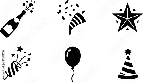 Collection of festive celebration icons including champagne, confetti, star, balloon, and party hat