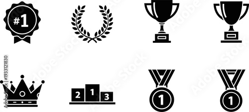 Collection of black and white award icons including trophies, medals, and a crown