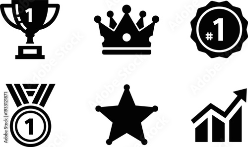 Collection of award and achievement icons including trophy, crown, medal, and graph
