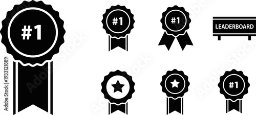 Collection of black and white award ribbons and leaderboard icons for achievement and recognition
