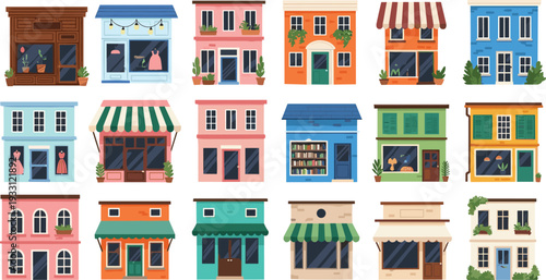 Colorful cute flat vector storefront and house illustration set with small shops, cafes, boutiques and urban buildings for city street design, branding and web use