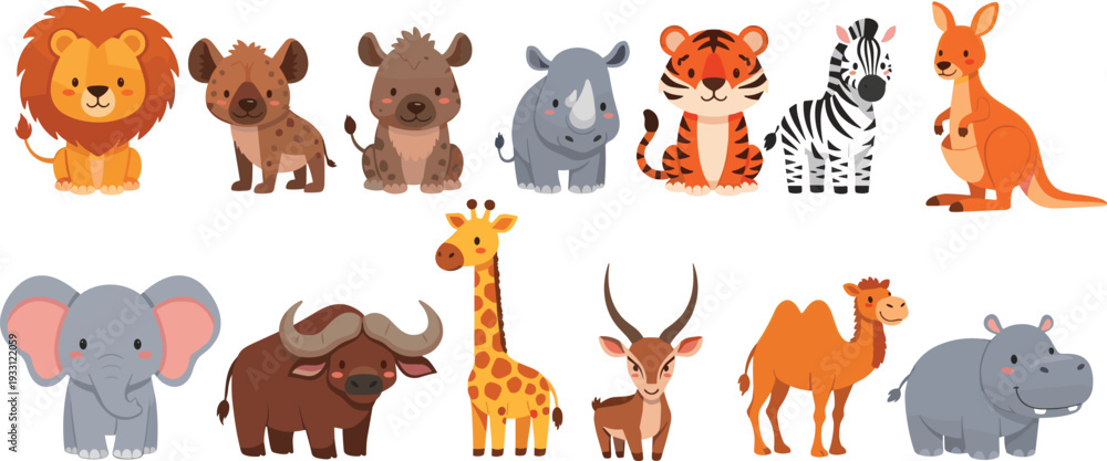 Fototapeta premium Cute Safari Animals Vector Set Featuring Kawaii Style Lion, Tiger, Elephant, Giraffe, Zebra, and Hippo for Kids Nursery and Educational Design