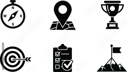 Set of icons representing goals, achievements, and navigation for business success
