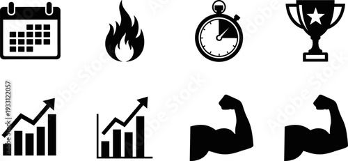 Set of icons representing fitness goals, progress, and achievements