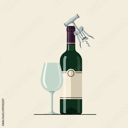 Wine Bottle With Corkscrew and Empty Glass, Ready for Pouring