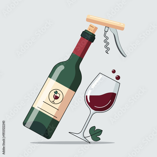 Wine bottle with corkscrew and glass of red wine, ready to serve