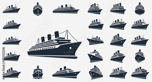 Collection of various cruise ship illustrations in different perspectives and angles.