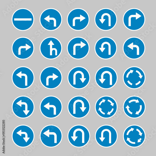 Collection of blue and white traffic signs for directions and turns