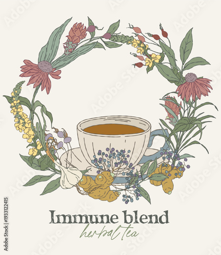 Hand drawn immune herbal blend wreath with tea cup