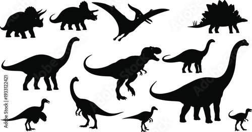 Dinosaur Silhouette Vector Set Featuring Various Prehistoric Creatures like T-Rex, Triceratops, and Brachiosaurus Isolated on White Background
