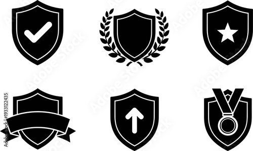 Collection of six shield icons representing security, achievement, and recognition