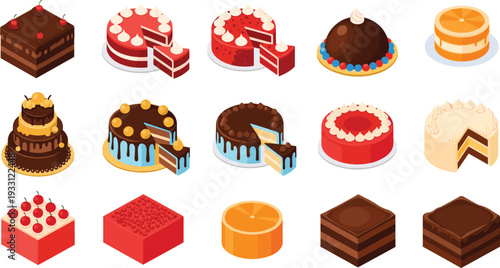 Delicious Cake and Pastry Vector Set Featuring Chocolate Fudge, Red Velvet, Vanilla Sponge, and Fruit Topped Cakes in Isometric View
