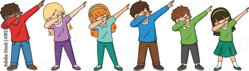 Diverse Group of Happy Children Performing Dab Dance Move or Dabbing Pose Isolated on White Background for Youth Culture Concept