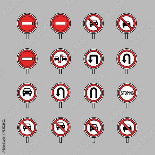 Collection of traffic signs, road signs, warning signs, prohibition signs, and information signs