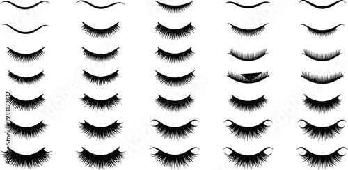 Eyelash Extension Vector Set Featuring Various Styles of Black False Lashes and Silhouettes for Beauty Salon and Makeup Design