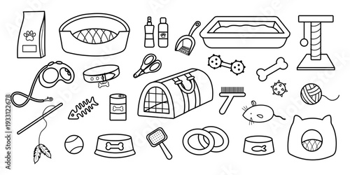 Pet care outline icons set with dog and cat accessories in line art style. Collection with pet carrier, bed, litter box, scratching post, toys, collar, leash and grooming tools. Vector illustration.