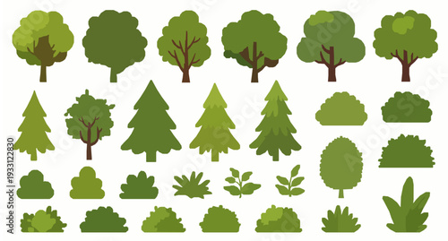 Big cartoon tree and plant vector set flat 2D nature elements isolated on white EPS 10