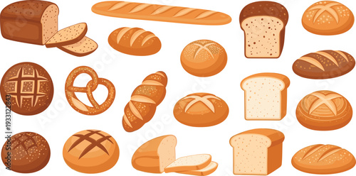 Fresh Bakery Bread Vector Set Featuring Sliced Loaves, Baguette, Pretzel, Rye Bread, and Whole Grain Buns Isolated on White Background