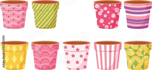 Colorful flower pots collection with decorative patterned planters and gardening container designs