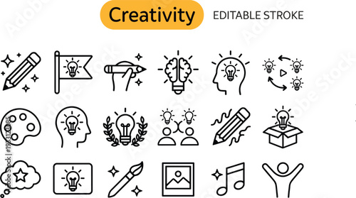 Black line art creativity icon set featuring light bulbs human brain brainstorming pencils painting palette and inspiration symbols for graphic design