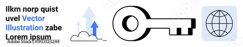 Digital security, data access, global connectivity, cloud computing, encryption, internet usage. Key icon, cloud with arrows and globe. Digital security and data access