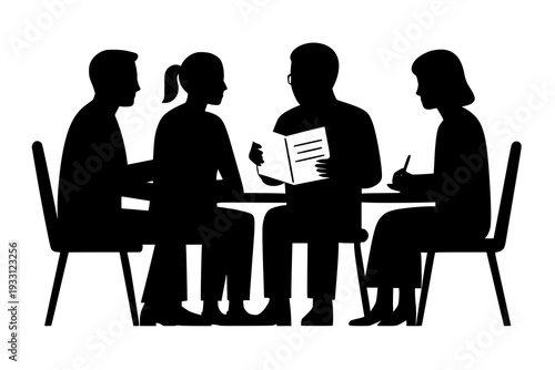 A group of people sitting around a table in silhouette
