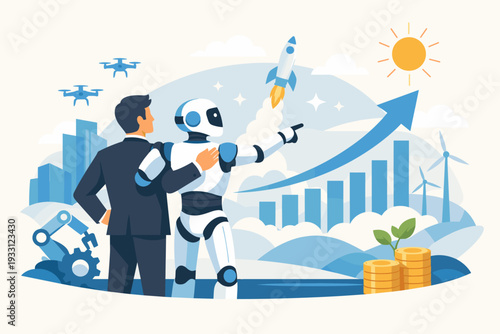 Artificial Intelligence Helping Business Success and Future of AI Working with Humanity, Robot Automation for Growth, Innovation, and Sustainable Development with Rocket, Drones, and Wind Turbines