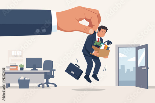 Giant Hand Picking Up Sad Businessman Holding Box of Personal Belongings to Fire Him; Concept of Job Loss, Corporate Layoff, Unemployment, and Economic Crisis in Flat Vector Illustration.