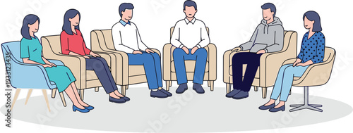 Group Therapy Session with Diverse People Sitting in a Circle for Counseling, Support Group, or Mental Health Discussion Concept