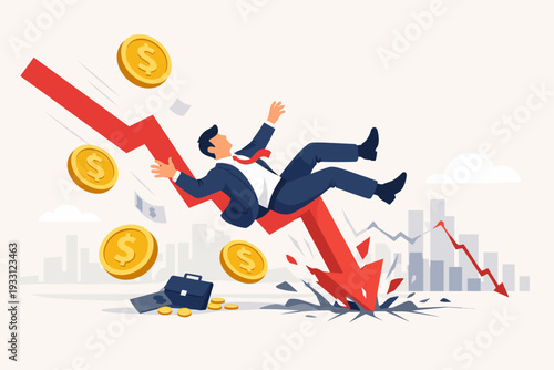 Business Bankruptcy and Financial Crisis Concept with Businessman Falling Down with Money Coins and Red Arrow Crashing. Economic Failure, Stock Market Crash, Investment Loss, and Global Recession.