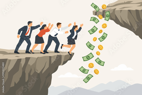 Business Team Reaching Out to Catch Falling Money and Coins from a Cliff Gap, Concept of Financial Risk, Teamwork, Profit, and Economic Opportunity in Flat Vector Illustration Style.