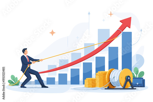 Businessman pulling up a rising red arrow on a bar chart with a rope and reel, symbolizing strategic growth, financial success, profit increase, and professional achievement in a vector style.