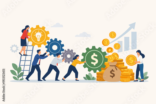 Business team connecting gears to generate profit and growth, representing economics and financial management concept with innovation, teamwork, money bag, gold coins, and rising bar graph.