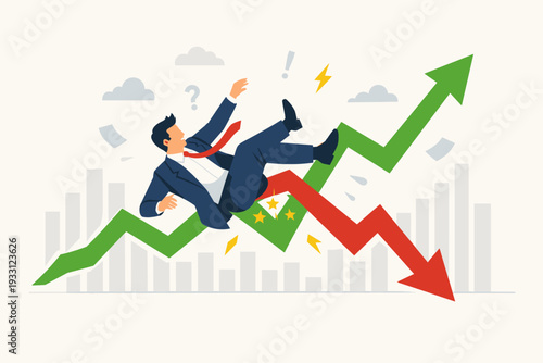 Businessman Falling from a Broken Green Growth Arrow into a Red Downward Trend, Symbolizing Financial Volatility, Stock Market Crash, Economic Uncertainty, Investment Risk, and Business Failure.
