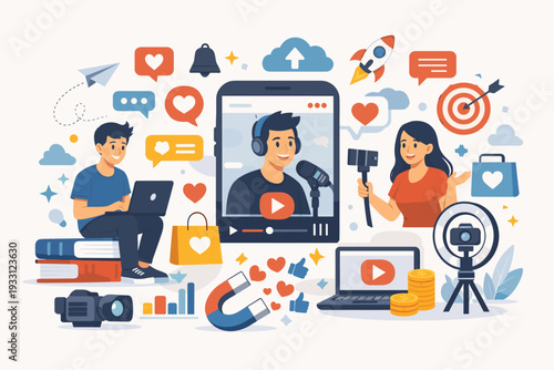Social Media Marketing and Content Creation Concept with Influencers Vlogging and Streaming. Digital Marketing Strategy Featuring Video Production, Engagement Icons, and Online Business Tools.